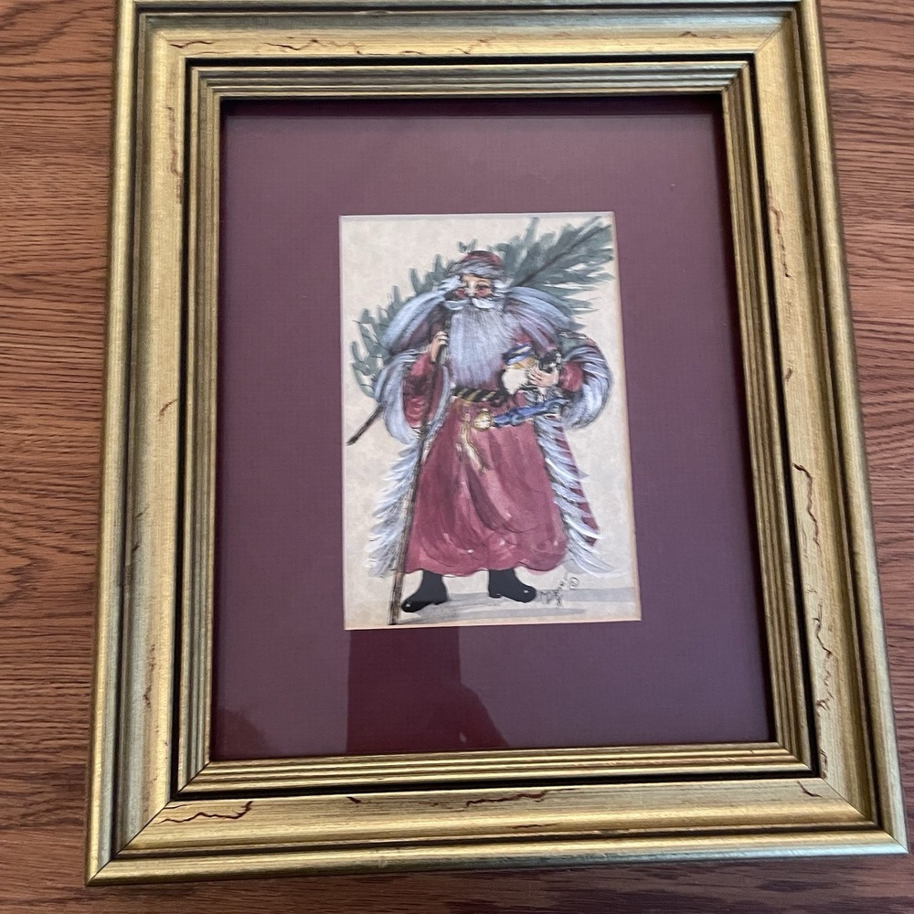 Vntg Cheryl Garner "The Shaker Box" Framed Santa Watercolor Folk Art Print 12x10
